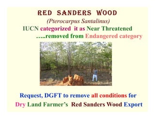 Red SandeRS WOOd
(Pterocarpus Santalinus)
IUCN categorized it as Near Threatened
…..removed from Endangered category
Request, DGFT to remove all conditions for
Dry Land Farmer’s Red Sanders Wood Export
 