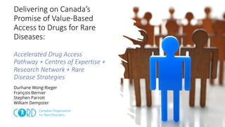 Delivering on Canada’s
Promise of Value-Based
Access to Drugs for Rare
Diseases:
Accelerated Drug Access
Pathway + Centres of Expertise +
Research Network + Rare
Disease Strategies
Durhane Wong-Rieger
François Bernier
Stephen Parrott
William Dempster
 