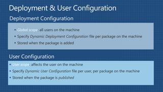  Global scope: all users on the machine
    Specify Dynamic Deployment Configuration file per package on the machine
    Stored when the package is added




 User scope: affects the user on the machine
 Specify Dynamic User Configuration file per user, per package on the machine
 Stored when the package is published
 