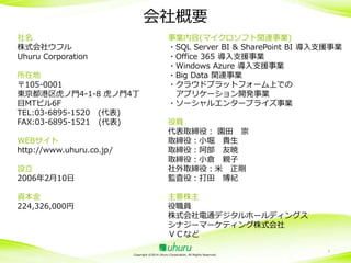 会社概要
社名
株式会社ウフル
Uhuru Corporation

所在地
〒105-0001
東京都港区虎ノ門4-1-8 虎ノ門4丁
目MTビル6F
TEL:03-6895-1520 (代表)
FAX:03-6895-1521 (代表)
WEBサイト
http://www.uhuru.co.jp/
設立
2006年2月10日
資本金
224,326,000円

事業内容(マイクロソフト関連事業)
・SQL Server BI & SharePoint BI 導入支援事業
・Office 365 導入支援事業
・Windows Azure 導入支援事業
・Big Data 関連事業
・クラウドプラットフォーム上での
アプリケーション開発事業
・ソーシャルエンタープライズ事業
役員
代表取締役： 園田 崇
取締役：小堀 貴生
取締役：阿部 友暁
取締役：小倉 親子
社外取締役：米 正剛
監査役：打田 博紀
主要株主
役職員
株式会社電通デジタルホールディングス
シナジーマーケティング株式会社
ＶＣなど

Copyright ©2014 Uhuru Corporation, All Rights Reserved.

3

 