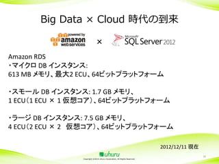 Big Data × Cloud 時代の到来
×
Amazon RDS
・マイクロ DB インスタンス:
613 MB メモリ、最大2 ECU、64ビットプラットフォーム

・スモール DB インスタンス: 1.7 GB メモリ、
1 ECU（1 ECU × 1 仮想コア）、64ビットプラットフォーム
・ラージ DB インスタンス: 7.5 GB メモリ、
4 ECU（2 ECU × 2 仮想コア）、64ビットプラットフォーム
2012/12/11 現在
Copyright ©2014 Uhuru Corporation, All Rights Reserved.

36

 