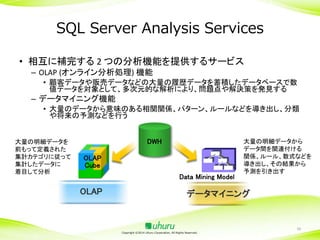 SQL Server Analysis Services
• 相互に補完する 2 つの分析機能を提供するサービス
– OLAP (オンライン分析処理) 機能
• 顧客データや販売データなどの大量の履歴データを蓄積したデータベースで数
値データを対象として、多次元的な解析により、問題点や解決策を発見する

– データマイニング機能
• 大量のデータから意味のある相関関係、パターン、ルールなどを導き出し、分類
や将来の予測などを行う

大量の明細データを
前もって定義された
集計カテゴリに従って
集計したデータに
着目して分析

DWH
OLAP
Cube
Data Mining Model

OLAP

大量の明細データから
データ間を関連付ける
関係、ルール、数式などを
導き出し、その結果から
予測を引き出す

データマイニング

Copyright ©2014 Uhuru Corporation, All Rights Reserved.

39

 