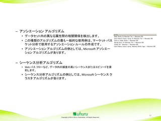 – アソシエーション アルゴリズム
• データセット内の異なる属性間の相関関係を検出します。
• この種類のアルゴリズムの最も一般的な使用例は、マーケット バス
ケット分析で使用するアソシエーション ルールの作成です。
• アソシエーション アルゴリズムの例としては、Microsoft アソシエー
ション アルゴリズムがあります。

– シーケンス分析アルゴリズム
• Web パス フローなど、データ内の頻度の高いシーケンスまたはエピソードを要
約します。

• シーケンス分析アルゴリズムの例としては、Microsoft シーケンス ク
ラスタ アルゴリズムがあります。

Copyright ©2014 Uhuru Corporation, All Rights Reserved.

42

 