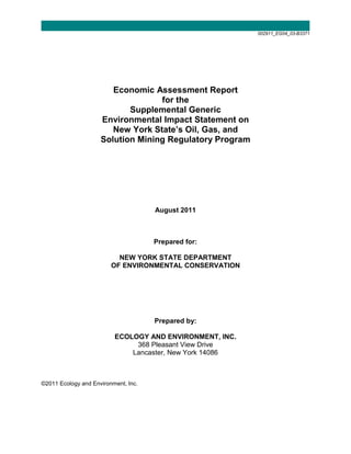 002911_EG04_03-B3371




                        Economic Assessment Report
                                   for the
                            Supplemental Generic
                     Environmental Impact Statement on
                        New York State’s Oil, Gas, and
                     Solution Mining Regulatory Program




                                      August 2011



                                      Prepared for:

                           NEW YORK STATE DEPARTMENT
                         OF ENVIRONMENTAL CONSERVATION




                                      Prepared by:

                          ECOLOGY AND ENVIRONMENT, INC.
                               368 Pleasant View Drive
                              Lancaster, New York 14086



©2011 Ecology and Environment, Inc.
 