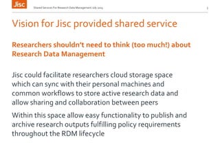 Vision for Jisc provided shared service
Jisc could facilitate researchers cloud storage space
which can sync with their personal machines and
common workflows to store active research data and
allow sharing and collaboration between peers
Within this space allow easy functionality to publish and
archive research outputs fulfilling policy requirements
throughout the RDM lifecycle
Shared Services For Research Data Management July 2015 5
Researchers shouldn’t need to think (too much!) about
Research Data Management
 