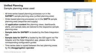 10
CUSTOMER
© 2018 SAP SE or an SAP affiliate company. All rights reserved. ǀ
Unified Planning
Sample planning areas used
▪ All time-series based planning processes run in the
SAPIBP1 sample planning area (unified planning area)
▪ Order-based planning processes run in the SAP74 sample
planning area (response and supply)
▪ All application content like planning views, dashboards,
alerts, and sample data are tailored to the respective sample
planning area
▪ Sample data for SAPIBP1 is loaded by the Data Integration
app
▪ Sample data for SAP74 is loaded by the SDI agent via File
Adapter and the Data Integration app, please refer to the
corresponding configuration guides
▪ Time series data is copied between the two planning areas
by the disaggregation operator
 