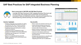 13
CUSTOMER
© 2018 SAP SE or an SAP affiliate company. All rights reserved. ǀ
SAP Best Practices for SAP Integrated Business Planning
▪ Detailed configuration documentation for setting
up predefined SAP Best Practices processes
▪ Predefined planning views in Microsoft Excel
▪ Predefined charts and dashboards to analyze
trends and exceptions
▪ Predefined process management to track
progress and integration into social collaboration
▪ Predefined case management in the Supply
Chain Control Tower
▪ Based on an integrated planning area that
allows to operate an end-to-end process across
all IBP applications
▪ Reduce sales and operations planning cost
▪ Improve demand forecast accuracy and
react more quickly to changes in demand
▪ Increase sales forecast accuracy
▪ Reduce inventory carrying cost and increase
inventory turnover / reduce days in inventory
▪ Improve on-time delivery performance
▪ Increase revenue and reduce revenue loss
due to stock-outs
▪ Increase user productivity by using Microsoft
Excel for interactive planning and by
integrating with SAP Jam for collaboration
Solution highlights Key benefits
Leverage SAP Best Practices for SAP Integrated Business Planning to get
an entry scope of the Supply Chain Control Tower and the planning
processes of sales and operations planning, response and supply planning,
demand planning, demand sensing, and inventory optimization.
Have a jump start in SAP IBP with SAP Best Practices
 