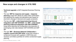 4
CUSTOMER
© 2018 SAP SE or an SAP affiliate company. All rights reserved. ǀ
New scope and changes in V10.1802
▪ Technical upgrade to SAP Integrated Business Planning
1802
▪ The new ‘IBP for response and supply – response
planning’ scope item allows for sales order confirmation
and adjusting the supply and allocations plan based on
short-term changes in demand and supply constraints
▪ The two new ‘IBP – order-based planning inbound
integration with SAP S/4HANA’ and ‘IBP – order-based
planning outbound integration with SAP S/4HANA’
scope items describe the configuration and execution of
exchanging order data between SAP S/4HANA and SAP
IBP
▪ The new ‘IBP – Business Network Collaboration –
supplier commit with SAP Ariba’ scope item shares a
component forecast with suppliers in SAP Ariba and
receives committed quantities for further constrained supply
planning
View Confirmations in Response Planning
Supplier Forecast in SAP Ariba Supply Chain Collaboration
 