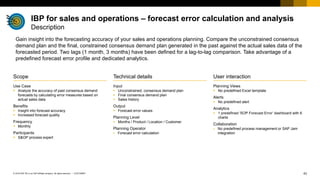 43
CUSTOMER
© 2018 SAP SE or an SAP affiliate company. All rights reserved. ǀ
User interaction
Planning Views
▪ No predefined Excel template
Alerts
▪ No predefined alert
Analytics
▪ 1 predefined ‘SOP Forecast Error’ dashboard with 6
charts
Collaboration
▪ No predefined process management or SAP Jam
integration
Scope
Use Case
▪ Analyze the accuracy of past consensus demand
forecasts by calculating error measures based on
actual sales data
Benefits
▪ Insight into forecast accuracy
▪ Increased forecast quality
Frequency
▪ Monthly
Participants
▪ S&OP process expert
Technical details
Input
▪ Unconstrained, consensus demand plan
▪ Final consensus demand plan
▪ Sales history
Output
▪ Forecast error values
Planning Level
▪ Months / Product / Location / Customer
Planning Operator
▪ Forecast error calculation
Gain insight into the forecasting accuracy of your sales and operations planning. Compare the unconstrained consensus
demand plan and the final, constrained consensus demand plan generated in the past against the actual sales data of the
forecasted period. Two lags (1 month, 3 months) have been defined for a lag-to-lag comparison. Take advantage of a
predefined forecast error profile and dedicated analytics.
IBP for sales and operations – forecast error calculation and analysis
Description
 