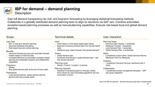 46
CUSTOMER
© 2018 SAP SE or an SAP affiliate company. All rights reserved. ǀ
User interaction
Planning Views
▪ Historical Data Cleanse, 1 worksheet
▪ Statistical Forecast, 1 worksheet
▪ Local Demand Plan, 1 worksheet
▪ Global Demand Plan, 2 worksheets
Alerts
▪ 2 predefined custom alerts: Global Demand Planner,
Statistical Fcst Error Measures
Analytics
▪ 1 predefined ‘Demand Planning’ dashboard with 2
charts
Collaboration
▪ 1 predefined process management template, 1 SAP
Jam group integration
Scope
Use Case
▪ Mid- or long-term demand planning
▪ Advanced statistical forecasting
▪ Role-based local and central planning
Benefits
▪ Improved forecast accuracy with automatic forecast
models based on historical data
▪ Increased efficiency by automated, exception-based
planning and embedded analytics and collaboration
capabilities
Frequency
▪ Weekly
▪ New global demand plan at the end of every week
Participants
▪ Local demand planner, global demand planner,
demand planning process expert
Technical details
Input
▪ Order based or time-series based sales history
▪ Approved consensus demand plan from the last S&OP
cycle
▪ Additional input: Sales forecast, final sensed demand*
Output
▪ Global demand plan
▪ Combined final demand = global demand plan + last
final sensed demand*
Planning Level
▪ Weeks / Product / Location / Customer
Planning Operator
▪ Statistical Forecasting based on forecast models,
which allows for many forecasting algorithms and any
combination of them
Gain full demand transparency for mid- and long-term forecasting by leveraging statistical forecasting methods.
Collaborate in a globally distributed demand planning team to align on decisions via SAP Jam. Combine automated,
exception-based planning processes as well as manual planning capabilities. Execute role-based local and global demand
planning.
*only if the IBP for demand – demand sensing scope item is implemented
IBP for demand – demand planning
Description
 