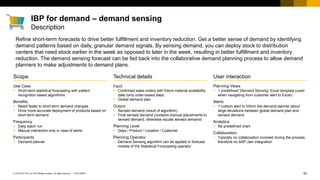 50
CUSTOMER
© 2018 SAP SE or an SAP affiliate company. All rights reserved. ǀ
User interaction
Planning Views
▪ 1 predefined ‘Demand Sensing’ Excel template (used
when navigating from customer alert to Excel)
Alerts
▪ 1 custom alert to inform the demand planner about
large deviations between global demand plan and
sensed demand
Analytics
▪ No predefined chart
Collaboration
▪ Typically no collaboration involved during the process,
therefore no SAP Jam integration
Scope
Use Case
▪ Short-term statistical forecasting with pattern
recognition based algorithms
Benefits
▪ React faster to short term demand changes
▪ Drive more accurate deployment of products based on
short term demand
Frequency
▪ Daily batch run
▪ Manual interaction only in case of alerts
Participants
▪ Demand planner
Technical details
Input
▪ Confirmed sales orders with future material availability
date (only order-based data)
▪ Global demand plan
Output
▪ Sensed demand (result of algorithm)
▪ Final sensed demand (contains manual adjustments to
sensed demand, otherwise equals sensed demand)
Planning Level
▪ Days / Product / Location / Customer
Planning Operator
▪ Demand Sensing algorithm can be applied in forecast
models of the Statistical Forecasting operator
Refine short-term forecasts to drive better fulfillment and inventory reduction. Get a better sense of demand by identifying
demand patterns based on daily, granular demand signals. By sensing demand, you can deploy stock to distribution
centers that need stock earlier in the week as opposed to later in the week, resulting in better fulfillment and inventory
reduction. The demand sensing forecast can be fed back into the collaborative demand planning process to allow demand
planners to make adjustments to demand plans.
IBP for demand – demand sensing
Description
 