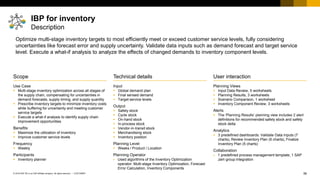 56
CUSTOMER
© 2018 SAP SE or an SAP affiliate company. All rights reserved. ǀ
User interaction
Planning Views
▪ Input Data Review, 5 worksheets
▪ Planning Results, 3 worksheets
▪ Scenario Comparison, 1 worksheet
▪ Inventory Component Review, 3 worksheets
Alerts
▪ The ‘Planning Results’ planning view includes 2 alert
definitions for recommended safety stock and safety
stock delta
Analytics
▪ 3 predefined dashboards: Validate Data Inputs (7
charts), Review Inventory Plan (6 charts), Finalize
Inventory Plan (5 charts)
Collaboration
▪ 1 predefined process management template, 1 SAP
Jam group integration
Technical details
Input
▪ Global demand plan
▪ Final sensed demand
▪ Target service levels
Output
▪ Safety stock
▪ Cycle stock
▪ On-hand stock
▪ In-process stock
▪ Vendor-in-transit stock
▪ Merchandising stock
▪ Inventory position
Planning Level
▪ Weeks / Product / Location
Planning Operator
▪ Used algorithms of the Inventory Optimization
operator: Multi-stage Inventory Optimization, Forecast
Error Calculation, Inventory Components
Optimize multi-stage inventory targets to most efficiently meet or exceed customer service levels, fully considering
uncertainties like forecast error and supply uncertainty. Validate data inputs such as demand forecast and target service
level. Execute a what-if analysis to analyze the effects of changed demands to inventory component levels.
IBP for inventory
Description
Scope
Use Case
▪ Multi-stage inventory optimization across all stages of
the supply chain, compensating for uncertainties in
demand forecasts, supply timing, and supply quantity
▪ Prescribe inventory targets to minimize inventory costs
while buffering for uncertainty and meeting customer
service targets
▪ Execute a what-if analysis to identify supply chain
improvement opportunities
Benefits
▪ Maximize the utilization of inventory
▪ Improve customer service levels
Frequency
▪ Weekly
Participants
▪ Inventory planner
 