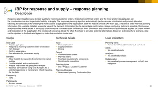62
CUSTOMER
© 2018 SAP SE or an SAP affiliate company. All rights reserved. ǀ
User interaction
Planning Views
▪ Forecast and Product Allocations, 1 worksheet
Alerts
▪ No predefined alerts
Analytics
▪ No predefined analytics
Collaboration
▪ No predefined process management, no SAP Jam
integration
Scope
Use Case
▪ Adjust supply plan
▪ Respond to incoming customer orders for deviation
from forecast
▪ Confirm sales orders
▪ Plan allocation for constrained supply
Benefits
▪ Allow flexibility to respond in the short term to market
realities
▪ Provide detailed, end-to-end visibility
▪ Analyze root causes via gating factor analysis
▪ Maximize service level using what-if analysis for a
potential opportunity or risk scenario without impacting
the live data
Frequency
▪ Daily
Participants
▪ Account planner
Technical details
Input
▪ Product allocation
▪ Supply constraint
▪ Orders
Output
▪ Confirmed sales orders
▪ Planned orders
▪ Purchase requisitions for components
▪ Stock transfer requisitions
Planning Level
▪ Day / Product / Location / Customer
Planning Operator
▪ Order-based planning: Confirmation Run
Response planning allows you to react quickly to incoming customer orders. It results in confirmed orders and the most preferred supply plan per
the prioritization rule and organization's ability to supply. The response planning algorithm automatically performs order prioritization and product allocation,
following the defined rule for creating the most suitable supply plan for the organization. With the help of several SAP Fiori apps, a review of order-relevant planning
information (for example, detailed sequential view of the demand, information like the percentage confirmation, delays, and gating factors) is possible. Root-cause
analysis shows where issues in the supply chain limits the customer order fulfillment on time. Simulation and collaboration capabilities are applied for further review
and finalization of the supply plan. The creation of scenarios allows the what-if analysis to simulate potential alternatives. Based on a decision for a scenario, data
can be updated in the back-end system to make the simulation model real.
IBP for response and supply – response planning
Description
 