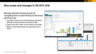 94
CUSTOMER
© 2018 SAP SE or an SAP affiliate company. All rights reserved. ǀ
New scope and changes in V5.1611 (3/4)
• Manage demand sensing issues by
navigating from an alert directly to the Excel
planning view
• Use alert monitor to be informed about deviations
between sensed demand and demand plan
• Open Excel with a filter on the metrics of the alert
• Make manual adjustments to sensed demand in
Excel
 