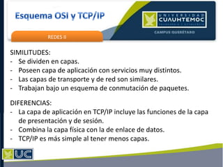 REDES II
SIMILITUDES:
- Se dividen en capas.
- Poseen capa de aplicación con servicios muy distintos.
- Las capas de transporte y de red son similares.
- Trabajan bajo un esquema de conmutación de paquetes.
DIFERENCIAS:
- La capa de aplicación en TCP/IP incluye las funciones de la capa
de presentación y de sesión.
- Combina la capa física con la de enlace de datos.
- TCP/IP es más simple al tener menos capas.
 