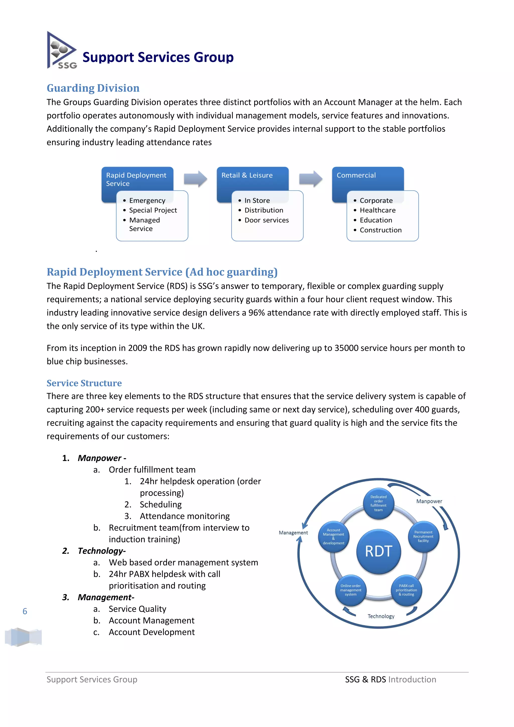 Support Services Group
    Guarding Division
    The Groups Guarding Division operates three distinct portfolios with an Account Manager at the helm. Each
    portfolio operates autonomously with individual management models, service features and innovations.
    Additionally the company’s Rapid Deployment Service provides internal support to the stable portfolios
    ensuring industry leading attendance rates




                .

    Rapid Deployment Service (Ad hoc guarding)
    The Rapid Deployment Service (RDS) is SSG’s answer to temporary, flexible or complex guarding supply
    requirements; a national service deploying security guards within a four hour client request window. This
    industry leading innovative service design delivers a 96% attendance rate with directly employed staff. This is
    the only service of its type within the UK.

    From its inception in 2009 the RDS has grown rapidly now delivering up to 35000 service hours per month to
    blue chip businesses.

    Service Structure
    There are three key elements to the RDS structure that ensures that the service delivery system is capable of
    capturing 200+ service requests per week (including same or next day service), scheduling over 400 guards,
    recruiting against the capacity requirements and ensuring that guard quality is high and the service fits the
    requirements of our customers:

        1. Manpower -
              a. Order fulfillment team
                      1. 24hr helpdesk operation (order
                           processing)
                      2. Scheduling
                      3. Attendance monitoring
              b. Recruitment team(from interview to
                  induction training)
        2. Technology-
              a. Web based order management system
              b. 24hr PABX helpdesk with call
                  prioritisation and routing
        3. Management-
6             a. Service Quality
              b. Account Management
              c. Account Development



    Support Services Group                                                        SSG & RDS Introduction
 