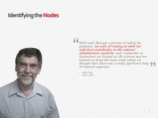 17|
IdentifyingtheNodes
RDSI went through a process of calling for
proposals. We were all looking at what our
individual contribution to the national
infrastructure would be, and I remember in
Queensland we focused on life sciences and eco
sciences as being the main areas where we
thought that there was a really significant body
of research expertise.
‒ Rob Cook
CEO, QCIF
 