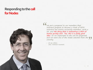 18|
Respondingtothecall
forNodes
We put a proposal to our members that
Intersect propose to become a Node of RDSI.
Intersect has twelve university members, quite a
lot, and the thing that is interesting is that all
twelve quickly said, ‘Yes, this is a really good
idea.’ So we responded to the call for proposals
and we were one of the Nodes selected from the
country.
‒ Dr Ian Gibson
CEO, Intersect Australia
 