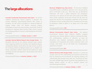 34|
Thelargeallocations Murchison Widefield Array Data Archive: The Murchison Widefield
Array (MWA) project is funded for operations over a two-year period,
which commenced in July 2013. These data sets, of international
importance, will assist a global Astronomy and Astrophysics
community to do research into the main science goals of the MWA,
which include: exploration of the early Universe and the search for
signals from the first stars and galaxies; exploration of the transient
and dynamic Universe; studies of the Earth's ionosphere; and the study
of astrophysics related to objects in our galaxy and in the distant
galaxies.
Participating RDSI Node is iVEC.
National Environmental Research Data Centre: The National
Environmental Research Data Collection (NERDC) comprises
international and national reference collections spanning five fields.
This multidisciplinary confluence of collections: (a) spans the
lithosphere, crust, biosphere, hydrosphere, troposphere, and the
stratosphere; (b) encapsulates the complex interactions within, and
amongst, these layers, and (c) will enable new, transdisciplinary
approaches to research.
Participating RDSI Node is NCI.
National Genomics Data Storage Facility: Genomics is a critical and
complex science for the understanding of living forms and the way
they are impacted by the environment, for improving medicine, and
understanding food amongst many other uses. The facility will store
and make available large volumes of genome data generated at the
leading national centres, as well as essential national and
international genome libraries.
Participating RDSI Nodes are Intersect, VicNode and QCIF.
Australian Coordinated Characterisation Data Space: The ACCDS
underpins national-scale research programs, in particular two
recently established characterisation-intensive ARC Centres of
Excellence: the ARC Centre of Excellence in Advanced Molecular
Imaging (CAMI), which will develop innovative imaging
technologies to explore the immune system; and the ARC Centre of
Excellence for Integrative Brain Function (CIBF), which is tackling
the challenging problems involved in understanding how the human
brain works.
Participating RDSI Nodes are VicNode, Intersect and QCIF.
Australian National Medical Research Data Storage Facility: The
foundation data sets for this collection represent major national
assets supporting research into Australia’s most significant diseases
including heart disease, mental illness, the major cancers, as well as
the increasing problems of lifestyle diseases such as diabetes and
obesity. Importantly, children’s health and the health of our aging
population are both well supported in the foundation data sets of
the ANMRDSF.
Participating RDSI Nodes are Intersect, VicNode and QCIF.
 