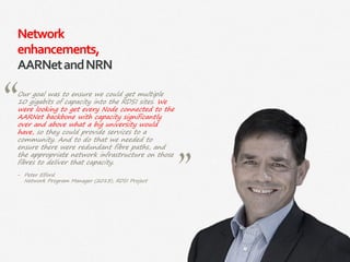 42|
Network
enhancements,
AARNetandNRN
Our goal was to ensure we could get multiple
10 gigabits of capacity into the RDSI sites. We
were looking to get every Node connected to the
AARNet backbone with capacity significantly
over and above what a big university would
have, so they could provide services to a
community. And to do that we needed to
ensure there were redundant fibre paths, and
the appropriate network infrastructure on those
fibres to deliver that capacity.
‒ Peter Elford
Network Program Manager (2013), RDSI Project
 