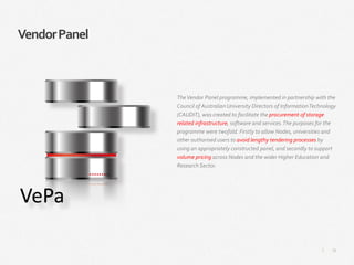 55|
VendorPanel
TheVendor Panel programme, implemented in partnership with the
Council of Australian University Directors of InformationTechnology
(CAUDIT), was created to facilitate the procurement of storage
related infrastructure, software and services.The purposes for the
programme were twofold. Firstly to allow Nodes, universities and
other authorised users to avoid lengthy tendering processes by
using an appropriately constructed panel, and secondly to support
volume pricing across Nodes and the wider Higher Education and
Research Sector.
 