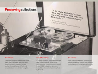 65|
Preservingcollections
How RDSI is helping:
A growing number of these collections have
been brought together by the human
communication science community, stored
through RDSI, and are now accessible
through the Alveo virtual laboratory, funded
by NeCTAR.
The outcome:
These collections are being preserved and
used in new ways by linguists, psychologists,
musicologists, and computational scientists.
The challenge:
Collections containing real examples of the
use of speech, language, and music were
stored in locations disparate from one
another. Accessibility was difficult, and
some collections were at risk of being lost.
 