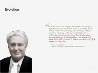 81|
Evolution
I think the RDSI Project has taken us through a
significant learning curve. Data is a tricky thing.
It’s so multi-dimensional, and it has so many
owners. Working with the multiplicity of
interests is quite challenging. And so the place
we’ve ended up is by evolution. You would not
have been able to write it down on a piece of
paper on Day One.
‒ Prof Lindsay Botten
Director, National Computational Infrastructure
 