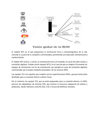 El módulo NT1 es el que proporciona la terminación física y electromagnética de la red,
aislando al usuario de la compañía suministradora, permitiendo una adecuada monitorización y
mantenimiento.
El módulo NT2 realiza, si existe, la conmutación local y el enrutado, en casos de redes locales y
centralitas digitales. Pueden existir equipos NT12, en el caso de que se integren físicamente los
equipos de terminación con los de conmutación, por ejemplo en casos de centralitas digitales
suministradas por la propia compañía proveedora de los servicios RDSI.
Los equipos TE1 son aquellos que cumplen con las especificaciones RDSI, y que por tanto están
diseñados para su conexión directa a dichas líneas.
Por el contrario, los equipos TE2, que no están preparados para su conexión directa a la RDSI,
precisan de adaptadores de terminal (TA), que realizan la necesaria adaptación de señales y
protocolos, desde interfaces como RS-232, V.35 e incluso de teléfonos normales.
 