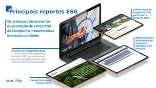 Principais reportes ESG
Os principais instrumentos
de prestação de contas ESG
da Companhia, reconhecidos
internacionalmente
Relatório de Sustentabilidade
(modelo da Global Reporting
Initiative – GRI - para Relatórios),
passando obrigatoriamente pelo
processo de verificação externa
Comunicação de
Progresso (COP)
para o Pacto
Global da ONU
Registro Público
de Emissões do
Programa
Brasileiro GHG
Protocol
Carbon Disclosure
Project (CDP)
 