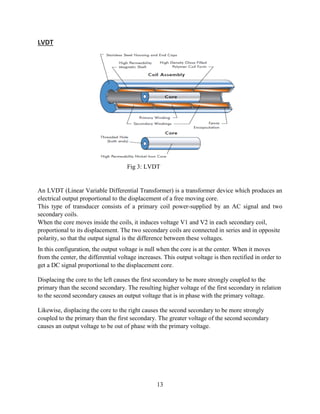 13
LVDT
Fig 3: LVDT
An LVDT (Linear Variable Differential Transformer) is a transformer device which produces an
electrical output proportional to the displacement of a free moving core.
This type of transducer consists of a primary coil power-supplied by an AC signal and two
secondary coils.
When the core moves inside the coils, it induces voltage V1 and V2 in each secondary coil,
proportional to its displacement. The two secondary coils are connected in series and in opposite
polarity, so that the output signal is the difference between these voltages.
In this configuration, the output voltage is null when the core is at the center. When it moves
from the center, the differential voltage increases. This output voltage is then rectified in order to
get a DC signal proportional to the displacement core.
Displacing the core to the left causes the first secondary to be more strongly coupled to the
primary than the second secondary. The resulting higher voltage of the first secondary in relation
to the second secondary causes an output voltage that is in phase with the primary voltage.
Likewise, displacing the core to the right causes the second secondary to be more strongly
coupled to the primary than the first secondary. The greater voltage of the second secondary
causes an output voltage to be out of phase with the primary voltage.
 