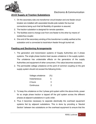 Electronics & Communication
RDSO, Lucknow 14
25 kV Supply at Traction Substations
1. On the secondary side one transformer circuit breaker and one feeder circuit
breaker are installed with associated double pole isolator the bus bar
connections being such that full flexibility of operation is assured.
2. The traction substation is designed for remote operation.
3. The facilities exist to change over from one feeder to the other by means of
isolator/bus coupler.
4. One end of the secondary winding of the transformer is solidly earthed at the
substation and is connected to track/return feeder through buried rail.
Feeding and Sectioning Arrangements
1. The generation and transmission systems of Supply Authorities are 3 phase
systems. The single phase traction load causes unbalance in the supply system.
The unbalance has undesirable effects on the generators of the supply
Authorities and equipment of other consumers. If its value becomes excessive.
2. The permissible voltage unbalance at the point of common coupling on the grid
supply system should not exceed the following limits:-
Voltage unbalance (%)
Instantaneous 5
2 hours 3
Continuous 2
3. To keep the unbalance on the 3 phase grid system within the above limits, power
for ac single phase traction is tapped off the grid system across the different
phases at adjacent substations in cyclic order.
4. Thus it becomes necessary to separate electrically the overhead equipment
systems fed by adjacent substations. This is done by providing a ‘Neutral
Section’ between two substations on the overhead equipment to ensure that the
 