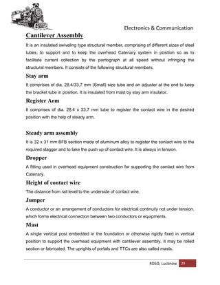 Electronics & Communication
RDSO, Lucknow 29
Cantilever Assembly
It is an insulated swiveling type structural member, comprising of different sizes of steel
tubes, to support and to keep the overhead Catenary system in position so as to
facilitate current collection by the pantograph at all speed without infringing the
structural members. It consists of the following structural members.
Stay arm
It comprises of dia. 28.4/33.7 mm (Small) size tube and an adjuster at the end to keep
the bracket tube in position. It is insulated from mast by stay arm insulator.
Register Arm
It comprises of dia. 28.4 x 33.7 mm tube to register the contact wire in the desired
position with the help of steady arm.
Steady arm assembly
It is 32 x 31 mm BFB section made of aluminum alloy to register the contact wire to the
required stagger and to take the push up of contact wire. It is always in tension.
Dropper
A fitting used in overhead equipment construction for supporting the contact wire from
Catenary.
Height of contact wire
The distance from rail level to the underside of contact wire.
Jumper
A conductor or an arrangement of conductors for electrical continuity not under tension,
which forms electrical connection between two conductors or equipments.
Mast
A single vertical post embedded in the foundation or otherwise rigidly fixed in vertical
position to support the overhead equipment with cantilever assembly. It may be rolled
section or fabricated. The uprights of portals and TTCs are also called masts.
 