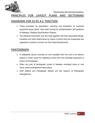 Electronics & Communication
RDSO, Lucknow 38
PRINCIPLES FOR LAYOUT PLANS AND SECTIONING
DIAGRAMS FOR 25 KV A.C TRACTION
 These principles for preparation, checking and finalization of overhead
equipment layout plans, have been framed for standardization and guidance
of Railways / Railway Electrification Projects.
 The electrical conductors over the track together with their associated fittings,
insulators and other attachments by means of which they are suspended and
registered in position is known as Over Head Equipements.
PANTOGRAPH
 A collapsible device mounted on and insulated from the roof of an electric
engine or motor coach for collecting current from the overhead equipment is
known as Pantograph.
 When any part of pantograph comes in between overhead wires or vice
versa, panto entanglement takes place.
 OHE defects and Pantograph defects are few reasons of Pantograph
entanglement.
 
