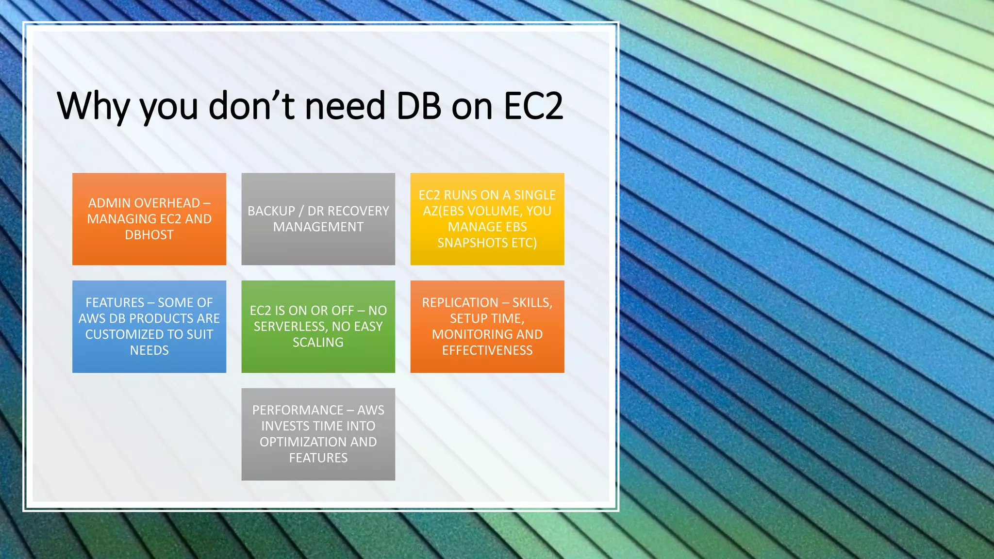 Why you don’t need DB on EC2 ADMIN OVERHEAD – MANAGING EC2 AND DBHOST BACKUP / DR RECOVERY MANAGEMENT EC2 RUNS ON A SINGLE AZ(EBS VOLUME, YOU MANAGE EBS SNAPSHOTS ETC) FEATURES – SOME OF AWS DB PRODUCTS ARE CUSTOMIZED TO SUIT NEEDS EC2 IS ON OR OFF – NO SERVERLESS, NO EASY SCALING REPLICATION – SKILLS, SETUP TIME, MONITORING AND EFFECTIVENESS PERFORMANCE – AWS INVESTS TIME INTO OPTIMIZATION AND FEATURES 