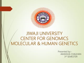 JIWAJI UNIVERSITY
CENTER FOR GENOMICS
MOLECULAR & HUMAN GENETICS
Presented by:-
AKANSHA CHAUHAN
3rd SEMESTER
 