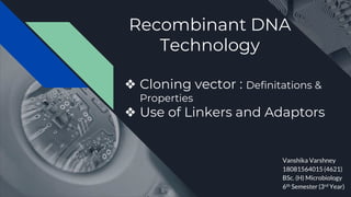 ❖ Cloning vector : Definitations &
Properties
❖ Use of Linkers and Adaptors
Vanshika Varshney
18081564015 (4621)
BSc. (H) Microbiology
6th Semester (3rd Year)
Recombinant DNA
Technology
 
