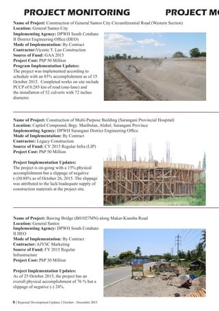6 | Regional Development Updates | October - December 2015
PROJECT MONITORING PROJECT MO
Name of Project: Construction of General Santos City Circumferential Road (Western Section)
Location: General Santos City
Name of Project: Construction of Multi-Purpose Building (Sarangani Provincial Hospital)
Location: Capitol Compound, Brgy. Maribulan, Alabel, Sarangani Province
Implementing Agency: DPWH Sarangani District Engineering Office
Name of Project: Bawing Bridge (B01027MN) along Makar-Kiamba Road
Location: General Santos
Implementing Agency: DPWH South Cotabato
II DEO
Mode of Implementation: By Contract
Contractor: AJYSC Marketing
Source of Fund: FY 2015 Regular
Infrastructure
Project Cost: PhP 30 Million
Project Implementation Updates:
As of 25 October 2015, the project has an
overall physical accomplishment of 76 % but a
slippage of negative (-) 24%.
Mode of Implementation: By Contract
Contractor: Legacy Construction
Source of Fund: CY 2015 Regular Infra (LIP)
Project Cost: PhP 50 Million
Project Implementation Updates:
The project is on-going with a 15% physical
accomplishment but a slippage of negative
(-)30.88% as of October 26, 2015. The slippage
was attributed to the lack/inadequate supply of
construction materials at the project site.
Implementing Agency: DPWH South Cotabato
II District Engineering Office (DEO)
Mode of Implementation: By Contract
Contractor:Vicente T. Lao Construction
Source of Fund: GAA 2015
Project Cost: PhP 50 Million
Program Implementation Updates:
The project was implemented according to
schedule with an 85% accomplishment as of 15
October 2015. Completed works on site include
PCCP of 0.285 km of road (one-lane) and
the installation of 52 culverts with 72 inches
diameter.
 