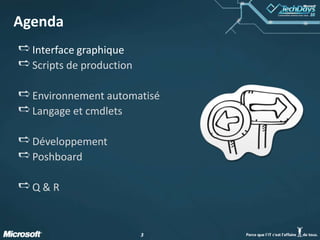 AgendaInterface graphiqueScripts de productionEnvironnement automatiséLangage et cmdletsDéveloppement PoshboardQ & R