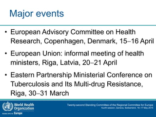 Twenty-second Standing Committee of the Regional Committee for Europe
fourth session, Geneva, Switzerland, 16–17 May 2015
Major events
• European Advisory Committee on Health
Research, Copenhagen, Denmark, 1516 April
• European Union: informal meeting of health
ministers, Riga, Latvia, 2021 April
• Eastern Partnership Ministerial Conference on
Tuberculosis and Its Multi-drug Resistance,
Riga, 3031 March
 