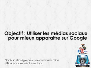 Objectif : Utiliser les médias sociaux
pour mieux apparaitre sur Google

Etablir sa stratégie pour une communication
efficace sur les médias sociaux.

 