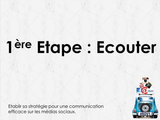 ère
1

Etape : Ecouter

Etablir sa stratégie pour une communication
efficace sur les médias sociaux.

 