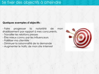 Se fixer des objectifs à atteindre

Quelques exemples d’objectifs :
- Faire
progresser
la
notoriété
de
mon
établissement par rapport à mes concurrents.
- Travailler les relations presses
- Être mieux connu par les influenceurs
- Fidéliser ma clientèle
- Diminuer la saisonnalité de la demande
- Augmenter le trafic de mon site Internret

 