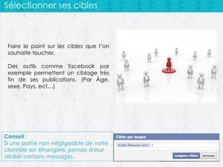 Sélectionner ses cibles

Faire le point sur les cibles que l’on
souhaite toucher.
Des outils comme facebook par
exemple permettent un ciblage très
fin de ses publications. (Par Âge,
sexe, Pays, ect…)

Conseil :
Si une partie non négligeable de votre
clientèle est étrangère, pensez à leur
dédier certains messages.

 