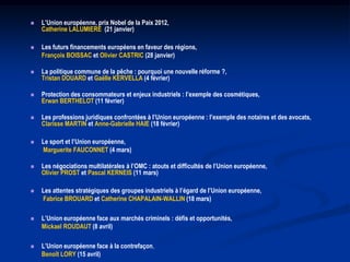    L’Union européenne, prix Nobel de la Paix 2012,
    Catherine LALUMIERE (21 janvier)

   Les futurs financements européens en faveur des régions,
    François BOISSAC et Olivier CASTRIC (28 janvier)

   La politique commune de la pêche : pourquoi une nouvelle réforme ?,
    Tristan DOUARD et Gaëlle KERVELLA (4 février)

   Protection des consommateurs et enjeux industriels : l’exemple des cosmétiques,
    Erwan BERTHELOT (11 février)

   Les professions juridiques confrontées à l’Union européenne : l’exemple des notaires et des avocats,
    Clarisse MARTIN et Anne-Gabrielle HAIE (18 février)

   Le sport et l’Union européenne,
    Marguerite FAUCONNET (4 mars)

   Les négociations multilatérales à l’OMC : atouts et difficultés de l’Union européenne,
    Olivier PROST et Pascal KERNEIS (11 mars)

   Les attentes stratégiques des groupes industriels à l’égard de l’Union européenne,
    Fabrice BROUARD et Catherine CHAPALAIN-WALLIN (18 mars)

   L’Union européenne face aux marchés criminels : défis et opportunités,
    Mickael ROUDAUT (8 avril)

   L’Union européenne face à la contrefaçon,
    Benoît LORY (15 avril)
 