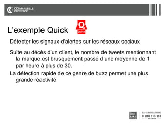 L’exemple Quick
Détecter les signaux d’alertes sur les réseaux sociaux
Suite au décès d’un client, le nombre de tweets mentionnant
la marque est brusquement passé d’une moyenne de 1
par heure à plus de 30.
La détection rapide de ce genre de buzz permet une plus
grande réactivité

 