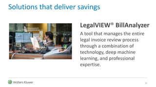 Solutions that deliver savings
11
LegalVIEW® BillAnalyzer
A tool that manages the entire
legal invoice review process
through a combination of
technology, deep machine
learning, and professional
expertise.