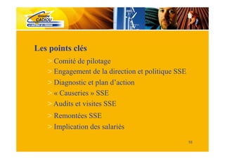 Les points clés
   > Comité de pilotage
   > Engagement de la direction et politique SSE
   > Diagnostic et plan d’action
   > « Causeries » SSE
   > Audits et visites SSE
   > Remontées SSE
   > Implication des salariés
                                                   10
 