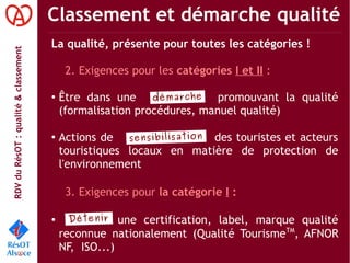 RDVduRésOT :qualité&classement Classement et démarche qualité
La qualité, présente pour toutes les catégories !
2. Exigences pour les catégories I et II :
●
Être dans une promouvant la qualité
(formalisation procédures, manuel qualité)
●
Actions de des touristes et acteurs
touristiques locaux en matière de protection de
l'environnement
3. Exigences pour la catégorie I :
●
une certification, label, marque qualité
reconnue nationalement (Qualité TourismeTM
, AFNOR
NF,  ISO...)
démarche
sensibilisation
Détenir
 