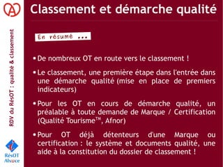 RDVduRésOT :qualité&classement Classement et démarche qualité
● De nombreux OT en route vers le classement !
● Le classement, une première étape dans l'entrée dans
une démarche qualité (mise en place de premiers
indicateurs)
● Pour les OT en cours de démarche qualité, un
préalable à toute demande de Marque / Certification
(Qualité TourismeTM
, Afnor)
● Pour OT déjà détenteurs d'une Marque ou
certification : le système et documents qualité, une
aide à la constitution du dossier de classement !
En résumé ...
 