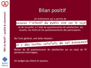RDVduRésOT :qualité&classement
Bilan positifBilan positif
Un événement qui a permis de
et de recueillir, à l’aide de questionnaires de satisfaction, les
écueils, les freins et les questionnements des participants.
De l’avis général, une belle réussite :
Retour de 30 questionnaires de satisfaction sur un total de 97
personnes interrogées.
Un budget peu élevé et soutenu.
93 % des invités satisfaits de cet événement
mesurer l'intérêt du public visé sur le sujet
 